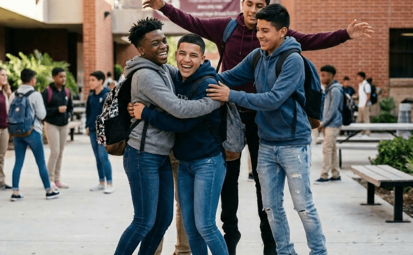 Four high school students in uniforms smiling and hugging outdoors at school